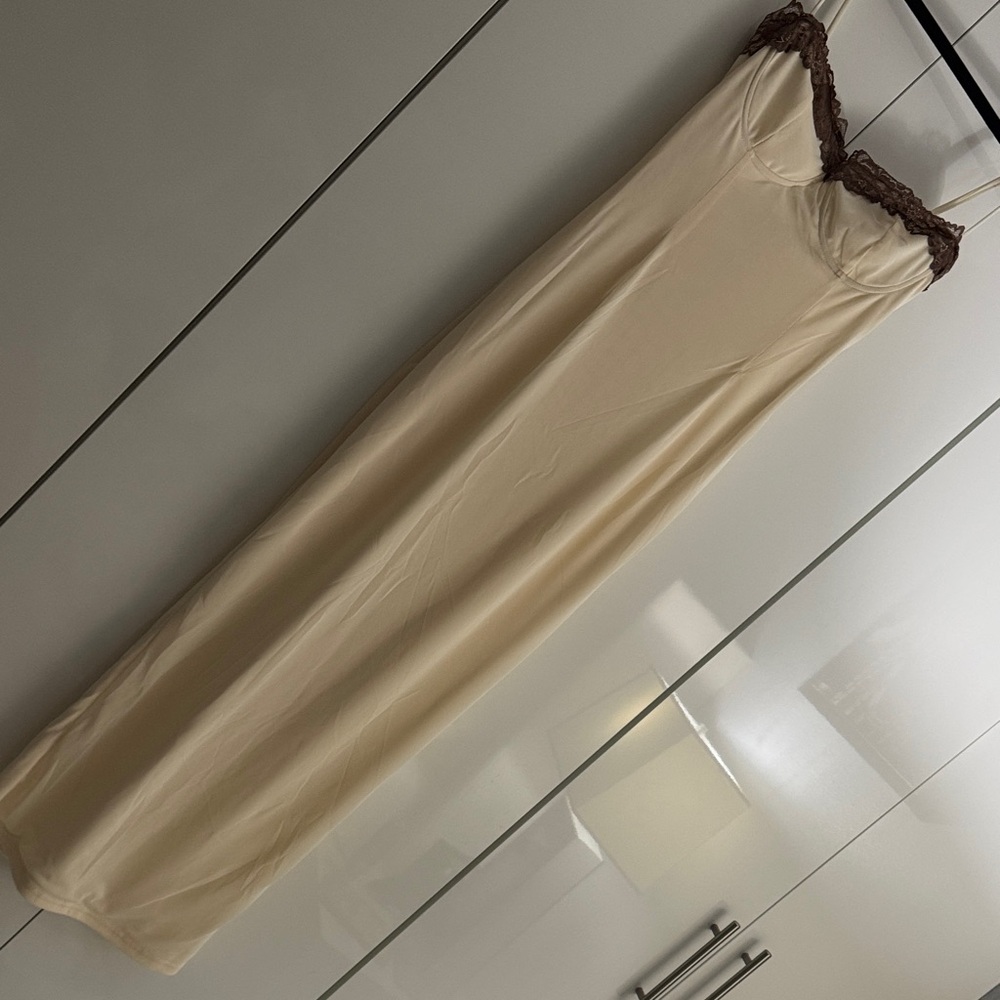 Fashion Nova Cream Dress with Brown Lace